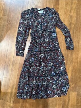ba&sh Burgundy Floral Long-Sleeve Tiered Dress Sz 1 (small/4)